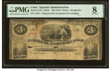 Cuba Empresa del Acueductor de Cardenas 3 Pesos ND (1870) Pick S112r Remainder PMG Very Good 8. This rare note is the only denomination known to be is...