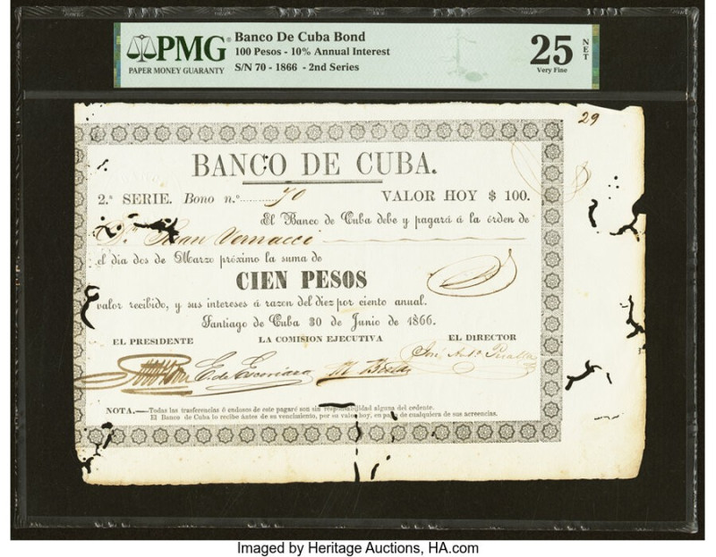 Cuba Banco de Cuba Bond 100 Pesos 30.6.1866 Pick Unlisted PMG Very Fine 25 Net. ...