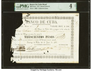 Cuba Banco de Cuba Bond 300 Pesos 30.6.1866 Pick Unlisted PMG Good 4 Net. A single digit serial number is present on this rare, high value bond note f...