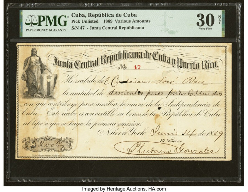 Cuba Junta Central Republicana de Cuba y Puerto Rico 200 Pesos 14.6.1869 Pick Un...