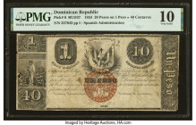 Dominican Republic Republica Dominicana 20 Pesos on 1 Peso = 40 Centavos 1853 Pick 6 PMG Very Good 10. A complicated banknote, originally issued in 18...