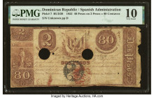 Dominican Republic Republica Dominicana 40 Pesos on 2 Pesos = 80 Centavos 1853 Pick 7 PMG Very Good 10. Most printed details remain bold and clear on ...