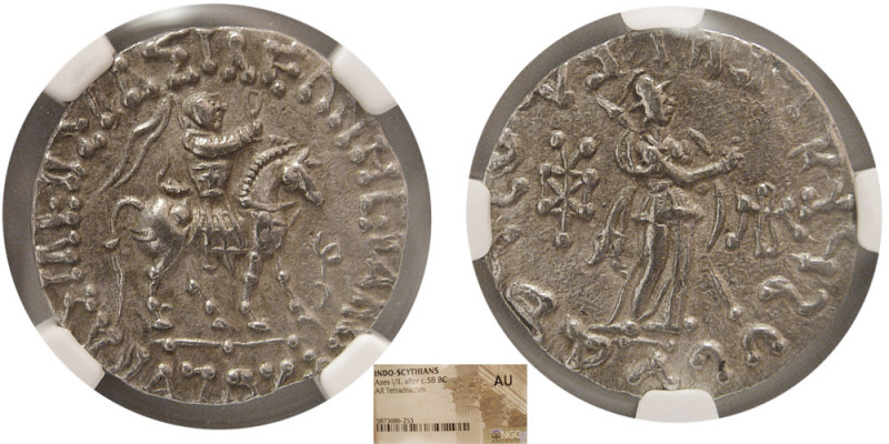 INDO-SCYTHIANS, Azes I/II, after Ca. 58 BC. AR Tetradrachm. NGC AU. Obv: King on...