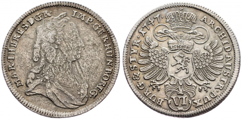 Maria Tsia, 6 Kreuzer 1747, Graz Maria Tsia, 6 Kreuzer 1747, Graz, 2,97 g, Ag, H...