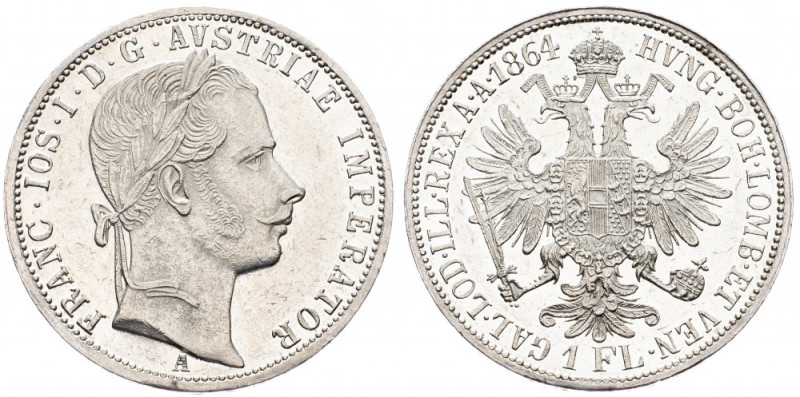 Franz Joseph I., Gulden 1864, Vienna Franz Joseph I., Gulden 1864, Vienna, Ag, K...