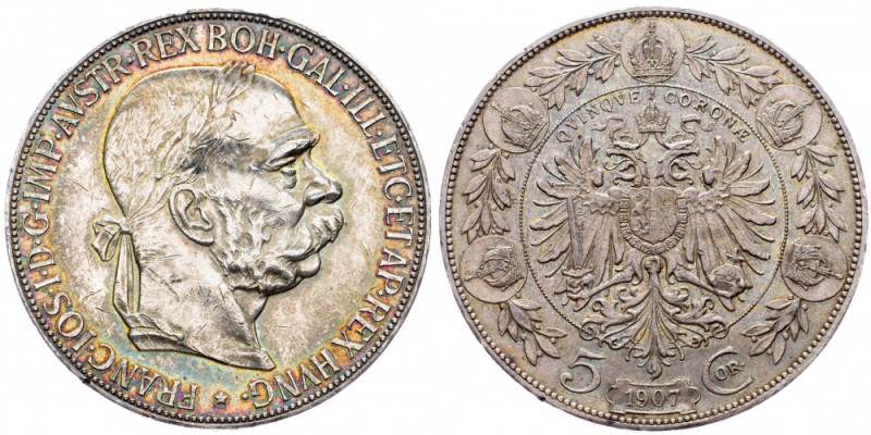 Franz Joseph I., 5 Krone 1907, Vienna Franz Joseph I., 5 Krone 1907, Vienna, Ag,...