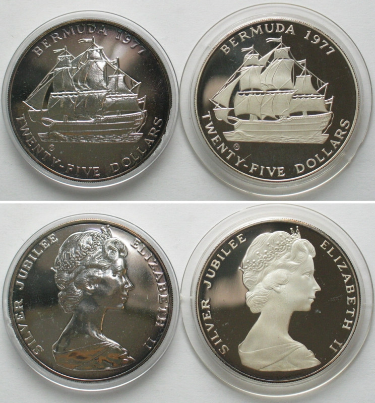 BERMUDA. 2 x 25 Dollars 1977, Silver Jubilee ELIZABETH II, silver, Proof & Proof...