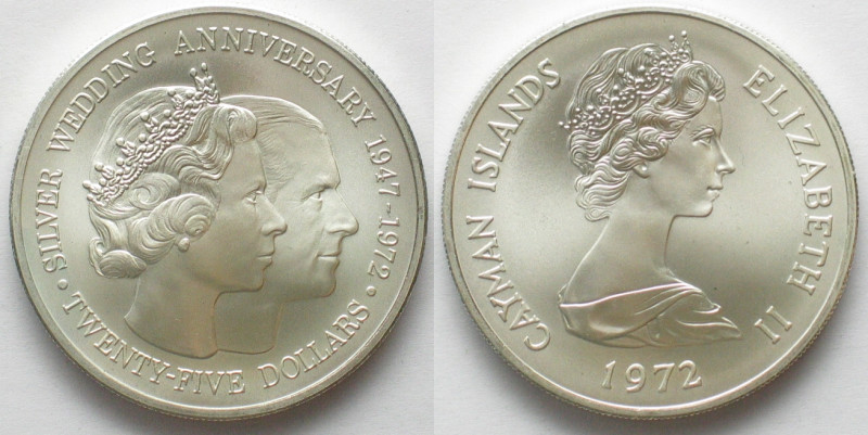 CAYMAN ISLANDS. 25 Dollars 1972, Silver Wedding, Elizabeth II, silver, matte BU...