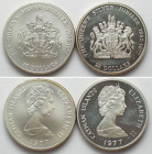 CAYMAN ISLANDS. 2 x 25 Dollars 1977, Queen's Silver Jubilee, Elizabeth II, silver, Proof & matte BU
KM # 14. Silver 102.7g (0.925). Usual toning.