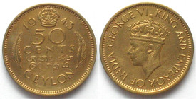 CEYLON. 50 cents 1943, George VI, Ni-Brass, XF
KM # 116