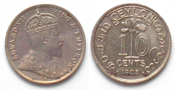 CEYLON. 10 cents 1903, Edward VII, silver, AU
KM # 97. Strike thru mint error: ...