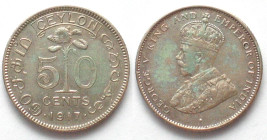 CEYLON. 50 Cents 1917, George V, silver, AU
KM # 109a