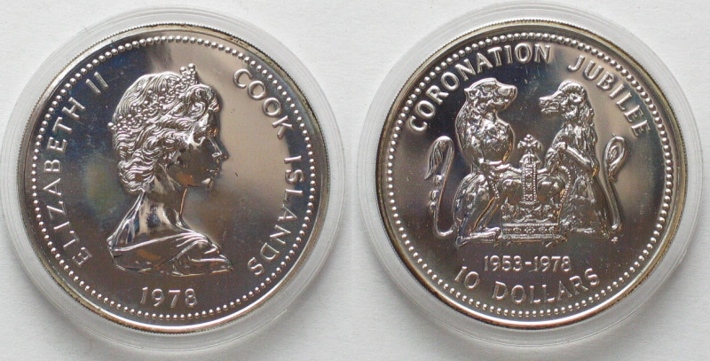 COOK ISLANDS. 10 Dollars 1978 FM, 25th Coronation Jubilee, Elizabeth II, silver,...