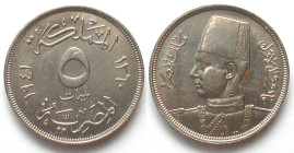 EGYPT. 5 Milliemes 1941, King Farouk, Cu-Ni, UNC-!
KM # 363