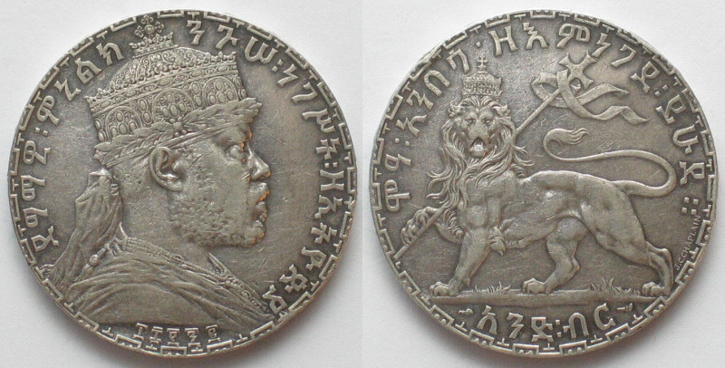ETHIOPIA. 1 Birr EE 1892 (1900), Menelik II, silver, XF
KM # 19. Small edge nic...