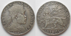ETHIOPIA. 1 Birr EE 1892 (1900), Menelik II, silver, XF
KM # 19. Small edge nick.
