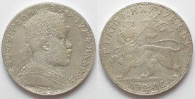 ETHIOPIA. 1 Birr EE 1895 (1902-03), Menelik II, silver, VF
KM # 19. Small edge nick.