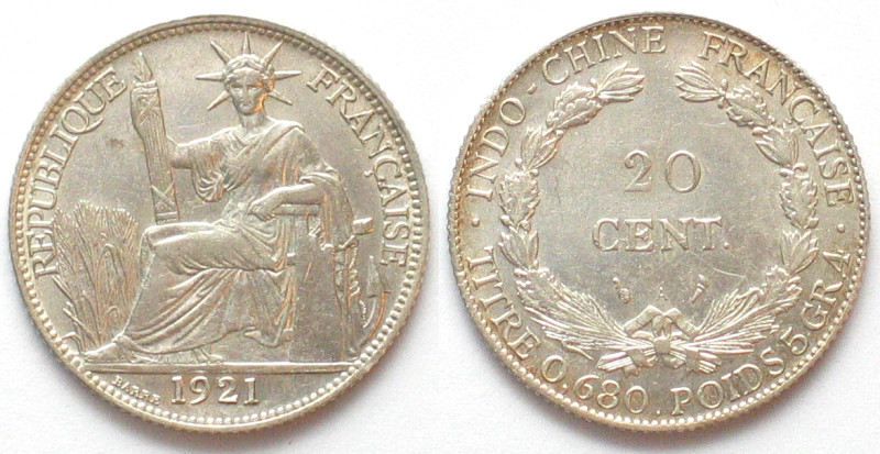 FRENCH INDO-CHINA. 20 cents 1921, silver, AU
KM # 17.1