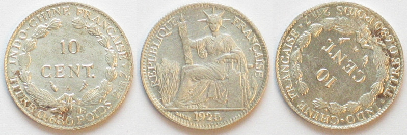FRENCH INDO-CHINA. 10 cents 1925, silver, UNC
KM # 16.1. Weight: 2.7g. Die rota...