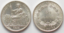 FRENCH INDO-CHINA. 50 Cents 1936, silver, UNC!
KM # 4a.2