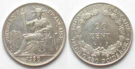 FRENCH INDO-CHINA. 20 cents 1930, silver, AU
KM # 17.1