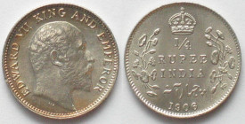 INDIA-BRITISH. 1/4 Rupee 1906, Calcutta mint, Edward VII, silver, BU
KM # 506. Incredible full details strike!