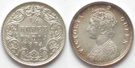 INDIA-BRITISH. 1/4 Rupee 1874, Victoria, silver, BU!
KM # 470