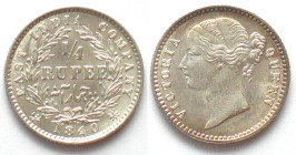 INDIA-BRITISH. 1/4 Rupee 1840, plain 4, W.W. raised on truncation, Victoria, silver, BU!
KM # 454.2