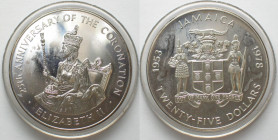JAMAICA. 25 Dollars 1978, 25th Anniversary of Coronation, Elizabeth II, silver, Prooflike
KM # 76. Silver 136.08g (0.925)