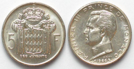 MONACO. 5 Francs 1966, Rainier III, silver, UNC
KM # 141