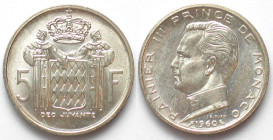 MONACO. 5 Francs 1960, Rainier III, silver, UNC
KM # 141