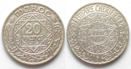 MOROCCO. 20 Francs AH 1347 (1928), Mohammed V, silver, AU!
Y# 39. Scarce in this condition!