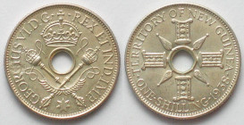 NEW GUINEA. Shilling 1938, George VI, silver, UNC, strike thru mint error
KM # 8. Strike thru errors on GI and under S in GEORGIUS