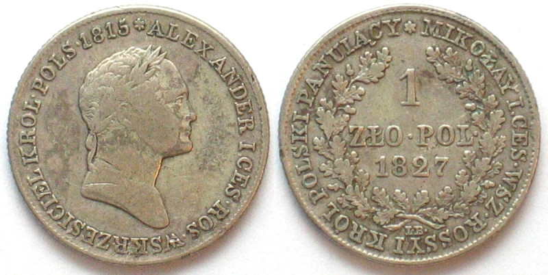 POLAND. Congress Kingdom, 1 Zloty 1827, Alexander I, struck under Nicholas I, si...