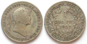POLAND. Congress Kingdom, 1 Zloty 1827, Alexander I, struck under Nicholas I, silver, VF+
C# 114.1, Bitkin 996