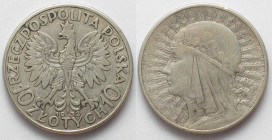 POLAND. 10 Zlotych 1933, London mint, Queen Jadwiga, silver, VF+
Y# 22.