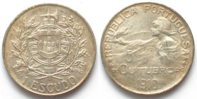PORTUGAL. 1 Escudo 1910, Birth of the Republic, silver, UNC-!
KM # 560