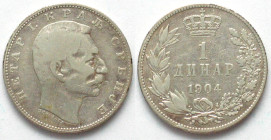SERBIA. 1 Dinar 1904, Peter I, silver, VF, key date
KM # 25.1. Medallic die alignment.