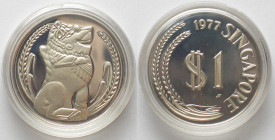 SINGAPORE. 1 Dollar 1977, silver, Proof
KM # 6a. Encapsulation never opened, perfect Top Pop candidate!