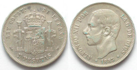 SPAIN. 5 Pesetas 1885 (87) MS-M, Alfonso XII, silver, XF-
KM# 688