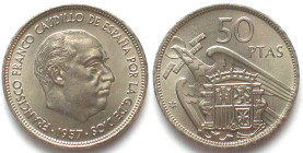 SPAIN. 50 Pesetas 1957 (71), Franco, Cu-Ni, BU!
KM # 788. Rare in this condition!