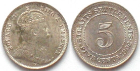 STRAITS SETTLEMENTS. 5 cents 1902, Edward VII, silver, UNC!
KM # 20. Very rare in this condition!