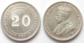 STRAITS SETTLEMENTS. 20 Cents 1935, flat-top 3, George V, silver, AU
 KM # 30b