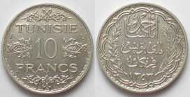 TUNISIA. French Protectorate, 10 Francs AH 1353 (1934), Ahmad Pasha Bey, silver, AU
KM # 262