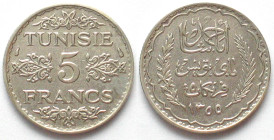 TUNISIA. French Protectorate, 5 Francs 1355 (1936), Ahmad Pasha Bey, silver, AU
KM # 261