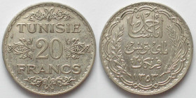 TUNISIA. French Protectorate, 20 Francs AH 1353 (1934), Ahmad Pasha Bey, silver, AU
KM # 263