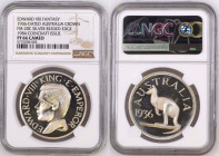 AUSTRALIA. EDWARD VIII FANTASY 1936-DATED CROWN, SILVER, REEDED EDGE, COINCRAFT ISSUE, NGC PF 66 CAMEO
KM X# M3b, FM-20C. Mintage: 500