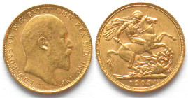 AUSTRALIA. Sovereign 1909 M Melbourne, EDWARD VII, gold UNC-!
KM # 15, Weight: 7.99 g Fineness: 917 ‰ ( 7.33 g fine)