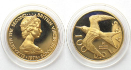 BRITISH VIRGIN ISLANDS. 100 Dollars 1975, SWALLOW, Elizabeth II, gold, Proof
KM # 7. Weight: 7.10 g Fineness: 900 ‰ ( 6.39 g fine)