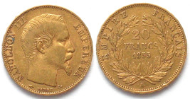 FRANCE. 20 Francs 1855 A Paris, NAPOLEON III, gold, XF
KM # 781.1, Gadoury 1061. Weight: 6.45 g